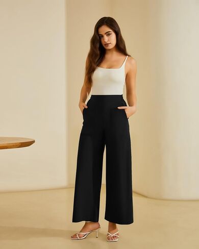 FireSwan Women's Wide Leg Work Pants High Elastic Waist Dress Palazzo Pants Trousers with Zipper Pockets in Saudi Arabia