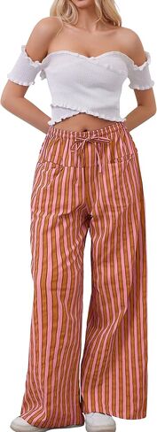 Women Drawstring Stripe Wide Leg Casual Trousers Striped Low Rise Casual Loose Lounge Pants with Pockets in Saudi Arabia