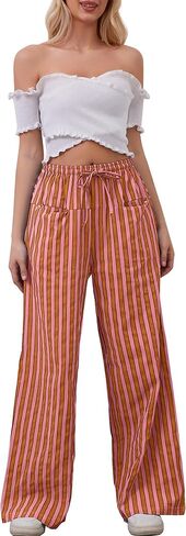 Women Drawstring Stripe Wide Leg Casual Trousers Striped Low Rise Casual Loose Lounge Pants with Pockets in Saudi Arabia