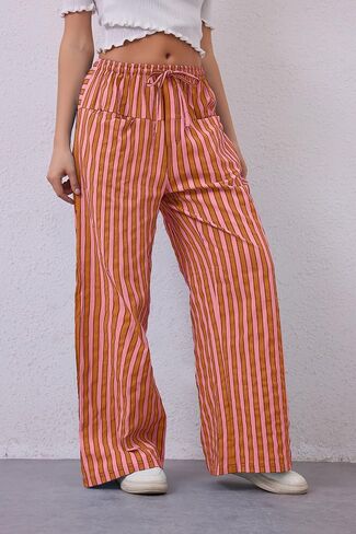 Women Drawstring Stripe Wide Leg Casual Trousers Striped Low Rise Casual Loose Lounge Pants with Pockets in Saudi Arabia