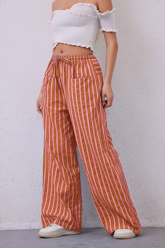 Women Drawstring Stripe Wide Leg Casual Trousers Striped Low Rise Casual Loose Lounge Pants with Pockets in Saudi Arabia