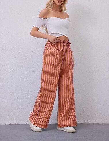 Women Drawstring Stripe Wide Leg Casual Trousers Striped Low Rise Casual Loose Lounge Pants with Pockets in Saudi Arabia