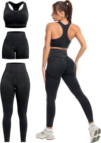 3 Piece Workout Sets for Women Butt Lifting Leggings with High Impact Sports Bra Gym Shorts Activewear Matching Set in Saudi Arabia