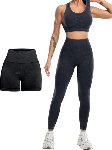 3 Piece Workout Sets for Women Butt Lifting Leggings with High Impact Sports Bra Gym Shorts Activewear Matching Set in Saudi Arabia
