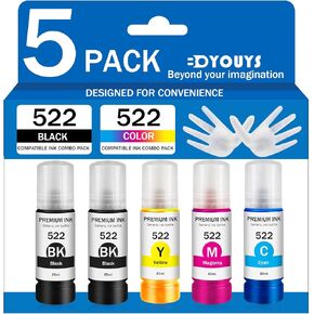 522 زجاجات إعادة تعبئة الحبر (5 عبوات) بديلة لخرطوشة الحبر المتوافقة مع Epson 522، زجاجات إعادة تعبئة الحبر المتوافقة مع ET-2800 ET-4800 ET-2400 ET-2803 ET-2720 ET-4700 ET-4810 ET-2840