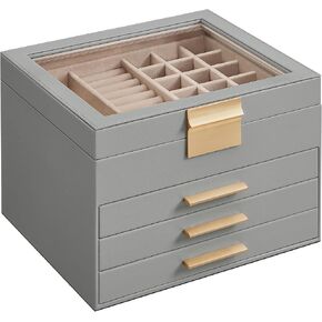 SONGMICS Jewelry Box with Glass Lid, 3-Layer Jewelry Organizer, 2 Drawers, for Big and Small Jewelry, Jewelry Storage, Modern Style, 8 x 9.1 x 5.3 Inches, Cloud White and Gold Color UJBC239WT