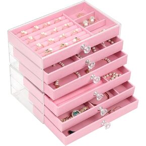 FADACHY Jewelry Organizer - Acrylic Clear Jewelry Box for Girls/Women, Jewelry Holder Organizer with 6 Soft Velvet Drawers for Jewelry Storage, Earrings Necklaces Ring Watchs Display Case