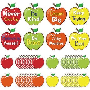 56 Pcs Colorful Apple Cutouts for Classroom Bulletin Board Decoration Positive Sayings Apple Bulletin Board Cutouts Fruit Name Tags for Office School Party Wall Door Chalkboard Home Decor