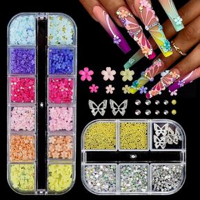 4 Boxes Flatback Rhinestones and Pearls Nail Charms for Acrylics - Crystals, Half Rounds, and Accessories for DIY Nail Art Decor