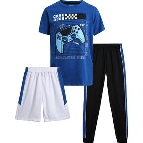 Boys' Active Pants Set - 3 Piece Performance T-Shirt Shorts and Jogger Sweatpants - Sport Outfit for Boys (8-16)