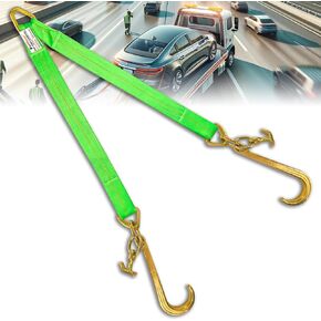 V Bridle Tow Strap w/ 15'' J & T-J Hooks | 3" x 36'' Recovery V-Strap, Hi VIZ Green Webbing, 5400lbs WLL | Heavy Duty Tow Straps w/Reinforced Webbing for Towing, Car Hauler, Wrecker, Rollback