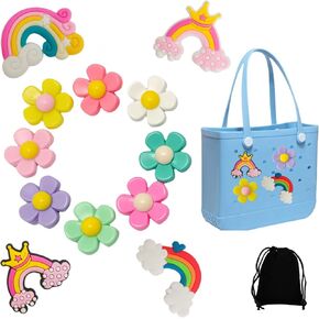 12pcs Flower Charm Accessory for Bogg Bags Rainbow Decorative Accessories to Customize Your Beach Tote Bags- Drawstring Organizers Bag