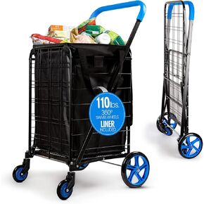 Shopping Cart with Wheels and Waterpoof Shopping Cart Liner - Robust Heavy Duty Shopping Carts with Wheels Supports up to 110 lbs - Portable Shopping Cart - 18.97" x 22.67" x 41.06"
