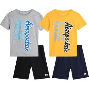 AEROPOSTALE Boys' Active Shorts Set - 4 Piece Short Sleeve T-Shirt and Mesh Gym Shorts - Activewear Outfit for Boys (4-12)