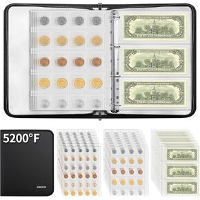 5200℉ Coin Collection Book ，300 Pockets Fireproof Coin Albums for Collectors & 36 Sleeves Paper Money Binder Holder with Aluminum Foil Lining for Coin, Currency,Bill,Quarter and Stamp