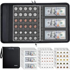 Coin Collection Album for Collectors with Lock, 400 Pockets Fireproof Coin Holder Book & 36 Paper Currency Binder Sleeves, Coin Storage Collecting Organizer for Pennies,Bill,Tokens,Badges
