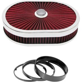 Full Flow Round 12''X3'' Air Filter Assembly Kit RED, Washable and Reusable, with Mounting Stud & Wing Nut & Air Cleaner Riser Kit, for 4 Barrel Carburetor V8 Engines