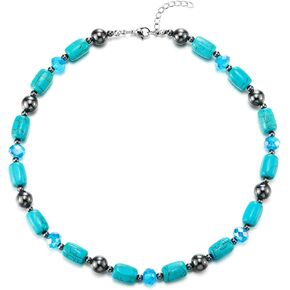 COOLSTEELANDBEYOND Turquoise and Hematite Necklace, Crystal Beaded Choker Collar Necklace, Bohemian Chic Style