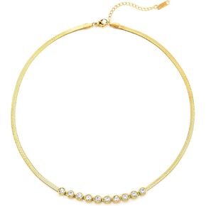 COOLSTEELANDBEYOND Elegant Gold Color Beaded Choker Necklace, Dainty Cubic Zirconia, Flat Snake Chain, Stainless Steel
