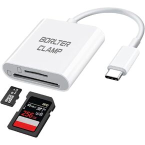 USB C to SD Card Reader, BorlterClamp Type C to Camera Card/Micro SD Memory Card Reader Adapter for Camera Cards Compatible with iPhone 15, MacBook, Laptops, Tablets, Smartphones