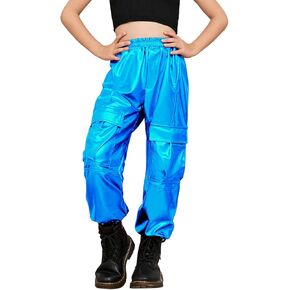 Perfashion Metallic Cargo Pants for Girls Hip Hop Dance Multi-Pocket Joggers High Waist Pants 6-15Y