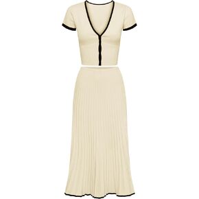Tanming Women's Two Piece Skirt Set Casual Short Sleeve Crop Top Ribbed Knit Midi Pleated Skirt