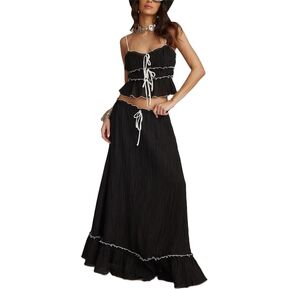 Women Y2k 2 Piece Outfits Patchwork Front Tie-Up Camisoles and Ruched Ruffle Maxi Skirt Matching Set Beachwear