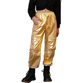 Perfashion Metallic Cargo Pants for Girls Hip Hop Dance Multi-Pocket Joggers High Waist Pants 6-15Y