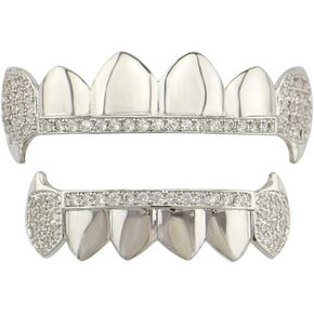 Diamond Grills Gold Plated Shiny Hip Hop Teeth Grillz Caps Iced Out CZ Top and Bottom Vampire Fangs Grillz for Men and Women