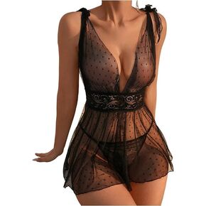 Women's 2 Piece Polka Dots Lace Sheer Mesh V Neck Babydoll Teddy Lingerie Set