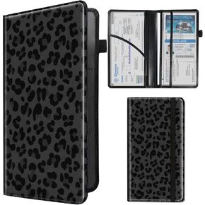 Car Registration and Insurance Holder,Leather Insurance License and Registration Card Holder for Car Glove Box, Auto Truck Document Holder Organizer for Men Women- Black leopard print