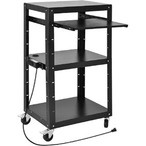DWVO AV Cart with Wheels and Power 16.4ft Extra-Long Cord, Metal Presentation Cart with Keyboard Tray, Rolling Large Media Cart with 2 Locking Brakes, Easy to Assemble, Black
