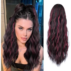 Ponytail Extension 22 Inch Black mixed Burgundy Long Wavy Drawstring Ponytail Extension for Women Synthetic Ponytail Hair Extension Clip in Hairpiece for Daily Use