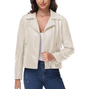 MAGCOMSEN Women's Leather Jacket Zipped Moto Jacket Lightweight Faux Leather Biker Jackets Fall Autumn Lapel Jackets