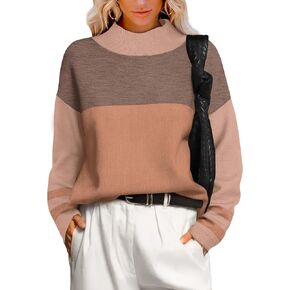 XIEERDUO Fall Sweaters for Women 2024 Turtleneck Oversized Batwing Long Sleeve Knit Pullover Plain/Color Block