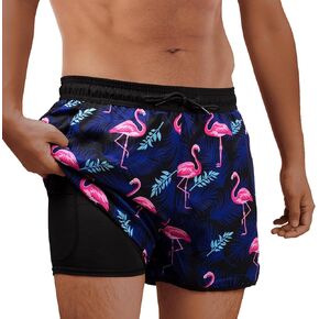 BRISIRA Mens Short Swim Trunks with Compression Liner Retro Vintage 8090s Bathing Suit Swim Board Shorts Swimwear Quick Dry