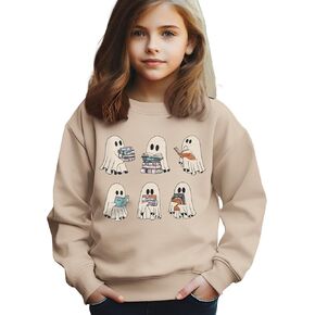 Girls Halloween Sweatshirt Kid Ghosts Reading Book Graphic Pullover Cute Spooky Season Long Sleeve Shirt 7-12 Years