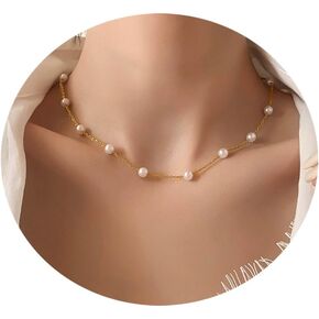 Gold Pearl Necklaces for Women 14K Gold Plated Layered Pearl Necklaces Dainty White Pearl Choker Fresh Water Pearl Pendant Necklace Simple Pearls Chain Necklace Small Pearl Accessories Jewelry Set