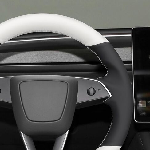 غطاء عجلة القيادة من الجلد الأبيض مخيط يدويًا من MEWANT لطراز تسلا S 2021-2023 / Model X 2021-2023 in Kuwait
