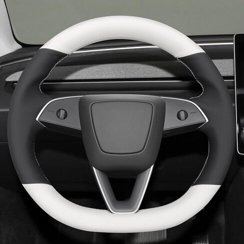 غطاء عجلة القيادة من الجلد الأبيض مخيط يدويًا من MEWANT لطراز تسلا S 2021-2023 / Model X 2021-2023 in Kuwait