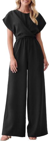 Happy Sailed Women Jumpsuits Dressy Short Sleeve Front Crisscross Tie Waist Belted Wide Leg Pant Romper with Pockets in Saudi Arabia