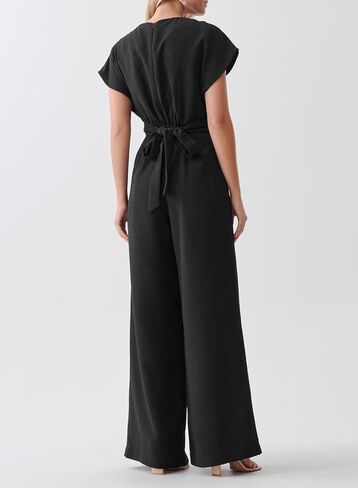 Happy Sailed Women Jumpsuits Dressy Short Sleeve Front Crisscross Tie Waist Belted Wide Leg Pant Romper with Pockets in Saudi Arabia