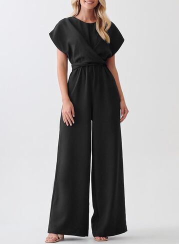 Happy Sailed Women Jumpsuits Dressy Short Sleeve Front Crisscross Tie Waist Belted Wide Leg Pant Romper with Pockets in Saudi Arabia