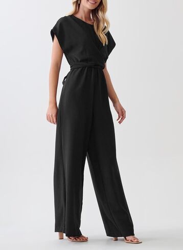 Happy Sailed Women Jumpsuits Dressy Short Sleeve Front Crisscross Tie Waist Belted Wide Leg Pant Romper with Pockets in Saudi Arabia