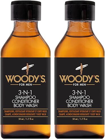 Woody's Shampoo, Conditioner, & Body Wash for Men, Multipurpose Cleanser With Marine Extracts, Cucumber Fruit Extract, and Aloe Vera, Travel Sized, 1.7 Fl Oz in Saudi Arabia