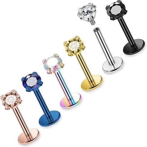 16G ASTM F136 التيتانيوم الصلب الجراحي الداخلي خيط مسطح الظهر ترصيع الأقراط الشفاه خواتم Labret ميدوسا الزنمة اللولب الغضروف القرط مسمار ثقب المجوهرات للنساء الرجال الفضة الأسود الذهب in Saudi Arabia