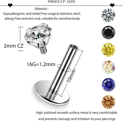 16G ASTM F136 التيتانيوم الصلب الجراحي الداخلي خيط مسطح الظهر ترصيع الأقراط الشفاه خواتم Labret ميدوسا الزنمة اللولب الغضروف القرط مسمار ثقب المجوهرات للنساء الرجال الفضة الأسود الذهب in Saudi Arabia
