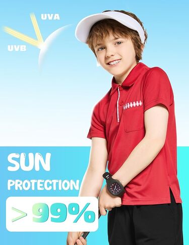 FitsT4 قمصان جولف رياضية للأولاد بعامل حماية من الأشعة فوق البنفسجية 50+ خفيفة الوزن وسريعة الجفاف ملابس جولف للشباب ملابس رياضية بأكمام قصيرة للأطفال in Kuwait