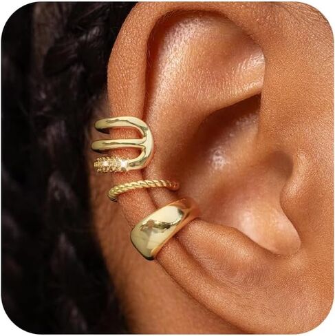 Dainty Small Ear Cuff for Women - Trendy 14K Gold Plated CZ Non Piercing Cartilage Earring Set Jewelry Gift in Saudi Arabia