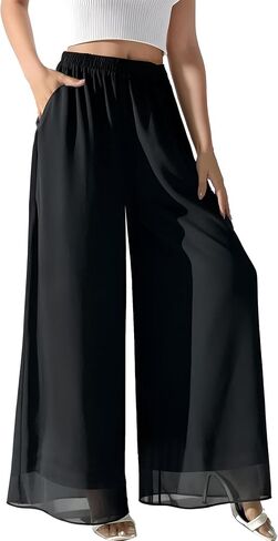 Palazzo Pants for Women Dressy Summer Casual Boho Chiffon Wide Leg Pants Elegant Flowy Beach Pants in Saudi Arabia